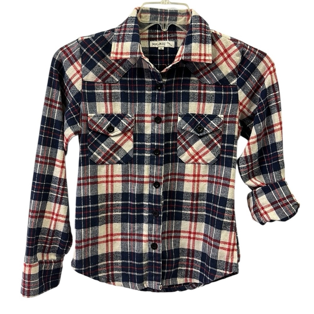 Molokai Flannel Plaid Red White Blue Long Sleeve Button Up Cowgirl Girls Small
